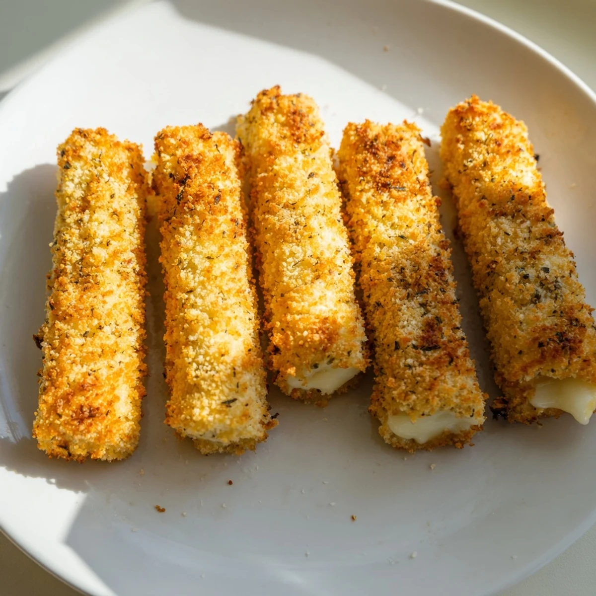 Melted cheese inside crunchy air fryer mozzarella sticks; a classic snack for game day.