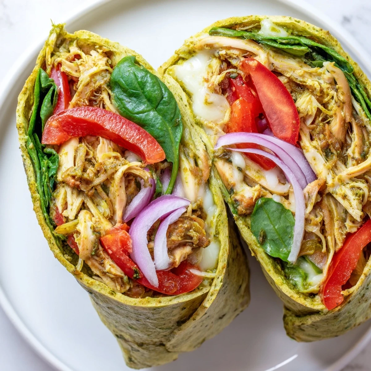 Vibrant pesto chicken wrap, filled with mozzarella, and ripe tomatoes, ready to be devoured for lunch.