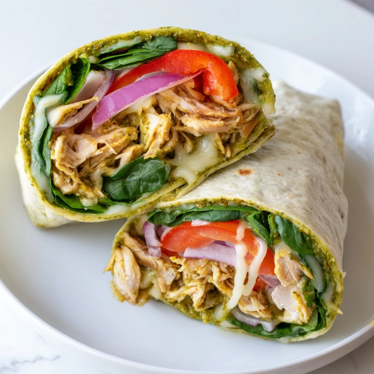A close-up of a delicious pesto chicken wrap, featuring warm, flavorful chicken and fresh vegetables.