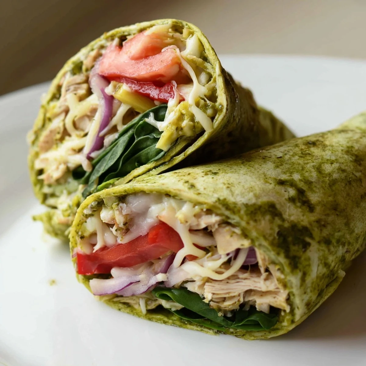 Perfectly rolled pesto chicken wrap, bursting with fresh ingredients, ideal for a quick and easy meal.