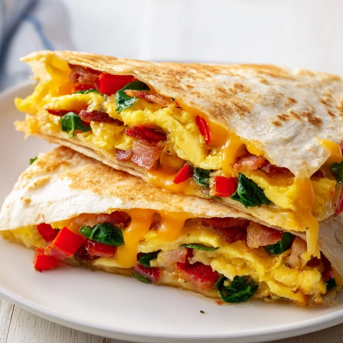 Enjoy a cheesy, folded Breakfast Quesadilla, filled with bacon and veggies, cooked until crispy on the outside.
