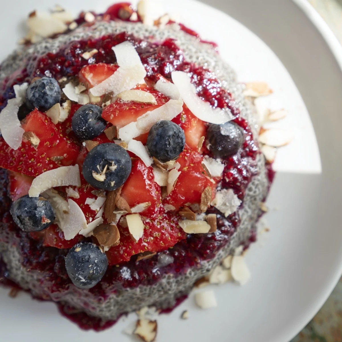 Creamy Berry Chia Pudding layered in a clear jar, showcasing fresh berries and coconut flakes.