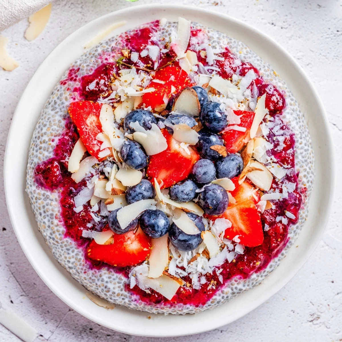 A refreshing serving of Berry Chia Pudding topped with vibrant red and blue mixed berries.