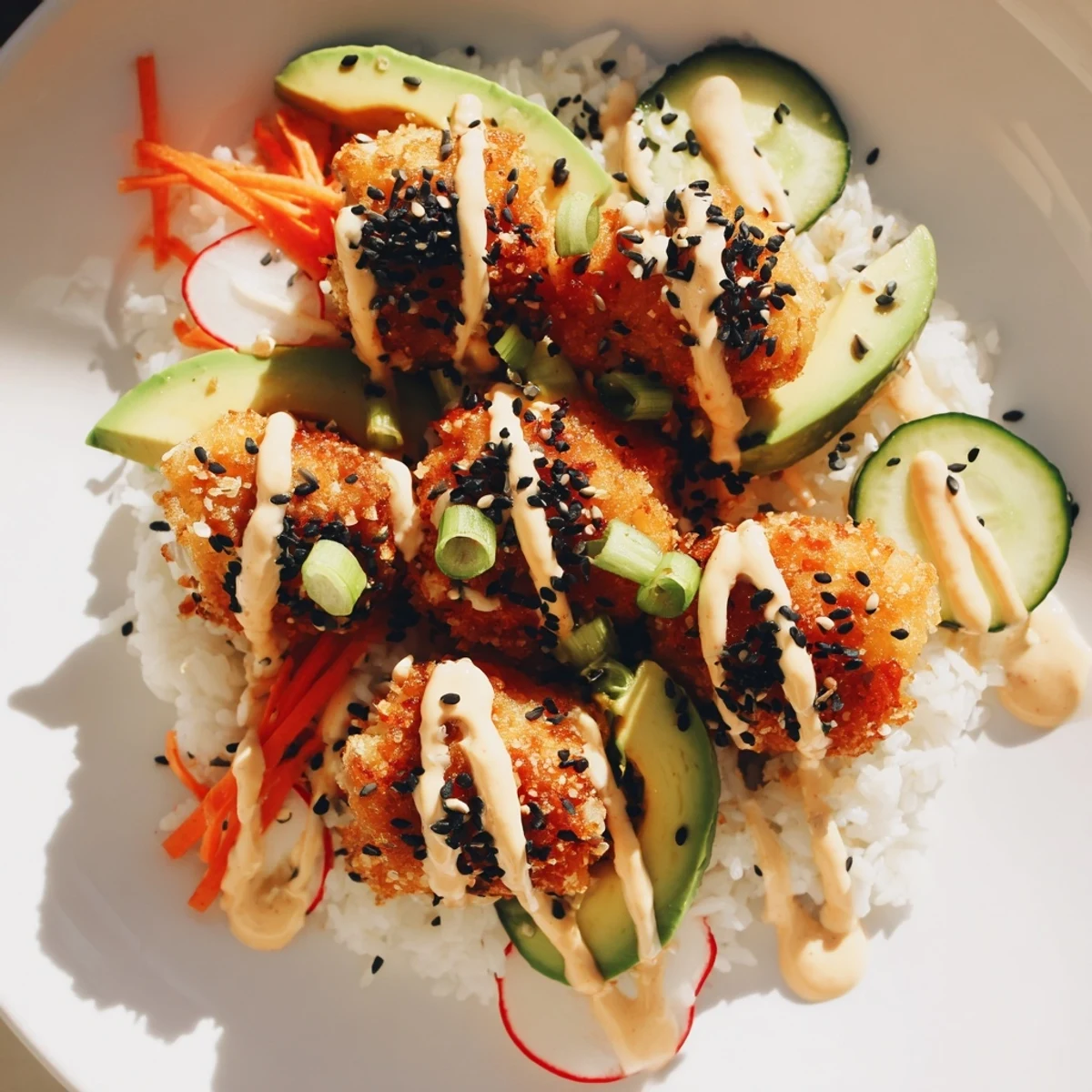 Golden-brown salmon bites in a bowl, a colorful meal alongside fresh veggies, ready to enjoy.