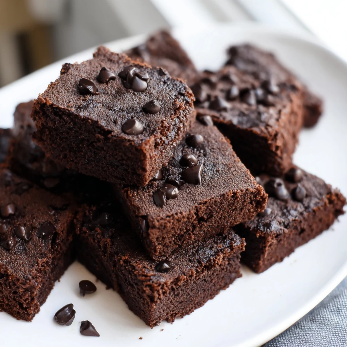 These homemade Greek yogurt brownies appear moist, with visible chocolate morsels for a satisfying treat.