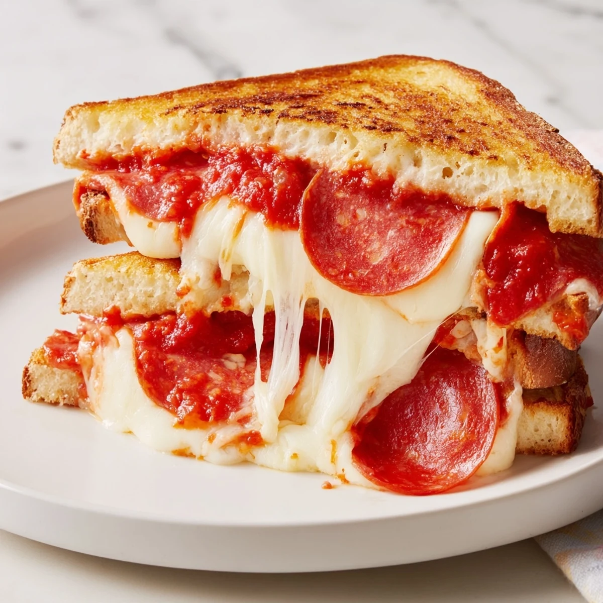 Golden-brown Pizza Grilled Cheese sandwich, oozing melted mozzarella and pepperoni slices, ready to serve.
