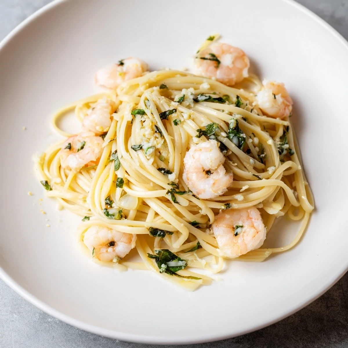 Close-up of Lemon Herb Pasta with Shrimp, showing the tender shrimp and bright lemon sauce coating each noodle.