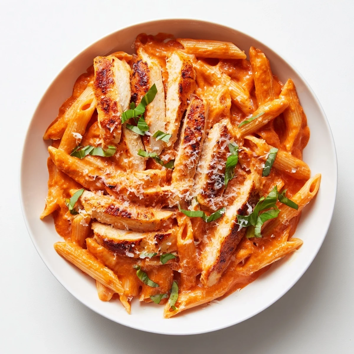 Creamy Tomato Basil Chicken Pasta glistening, plated, and topped with fresh basil and parmesan cheese.