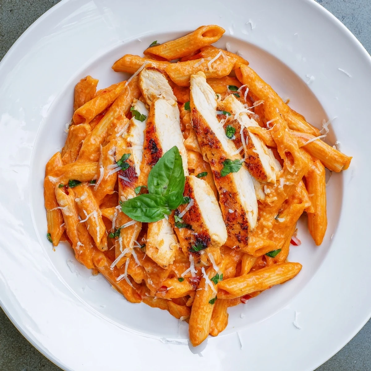 A comforting bowl of Creamy Tomato Basil Chicken Pasta with tender chicken and rich sauce, ready to eat.