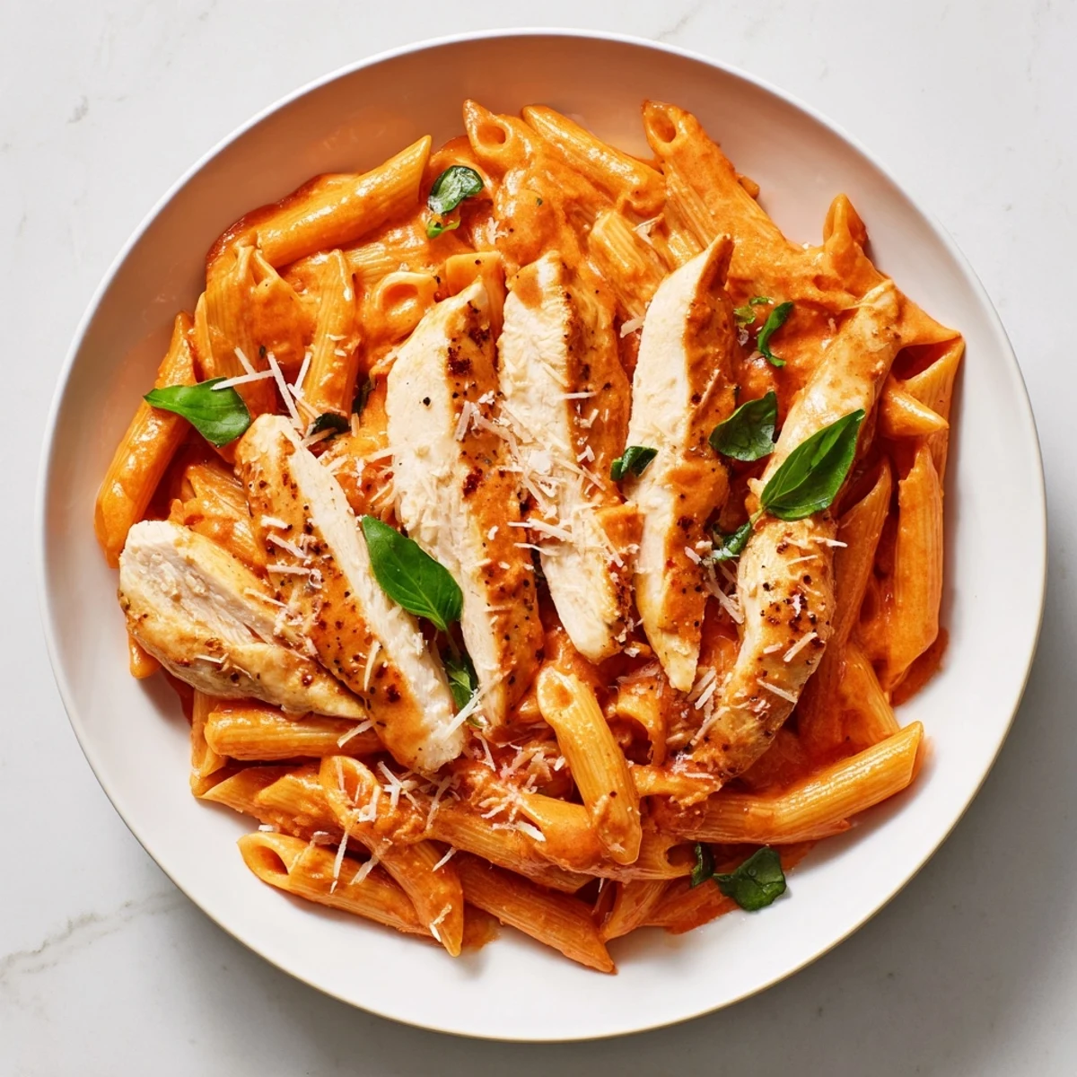 Close-up of Creamy Tomato Basil Chicken Pasta, showcasing the creamy sauce and perfectly cooked penne.