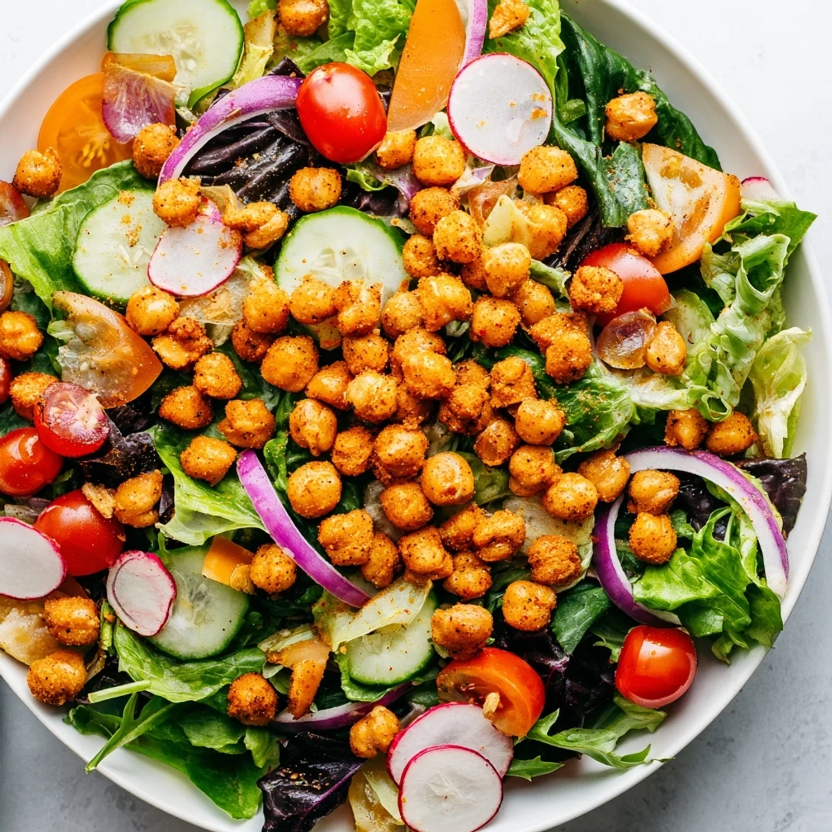 A fresh Mixed Greens Salad with crispy chickpea croutons, perfectly crunchy and spiced.