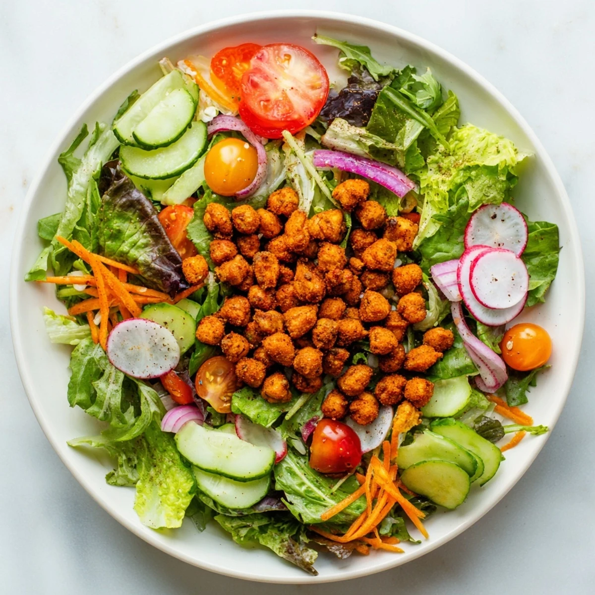 Crispy golden chickpea croutons top this vibrant Mixed Greens Salad, ready for lunch.