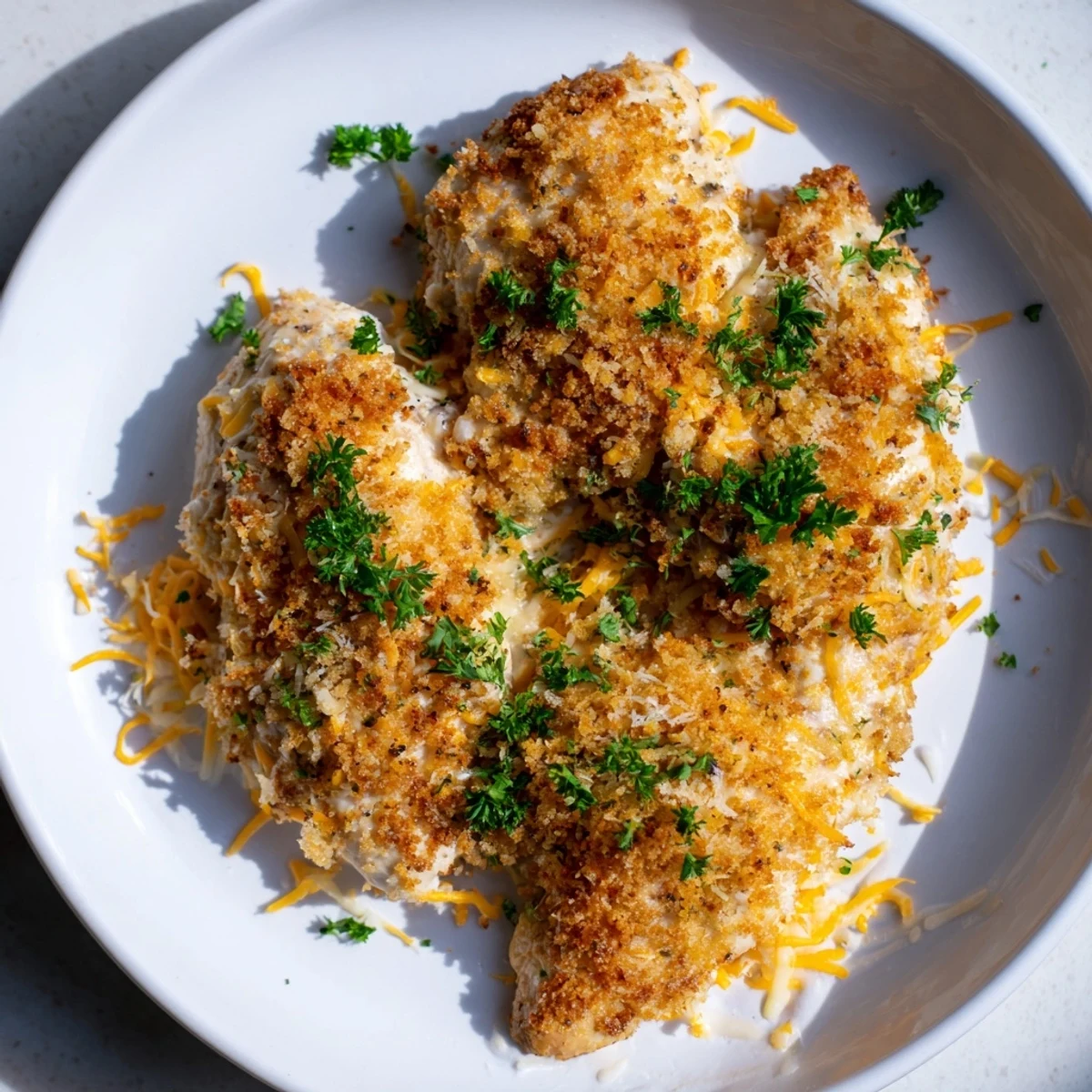 Golden, bubbly Cheesy Baked Chicken Breast, a comforting American dinner with melted cheese and breadcrumbs.
