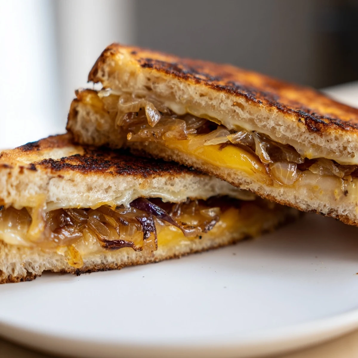 Golden Caramelized Onion and Gruyère Grilled Cheese, oozing with melted cheese and savory onions.