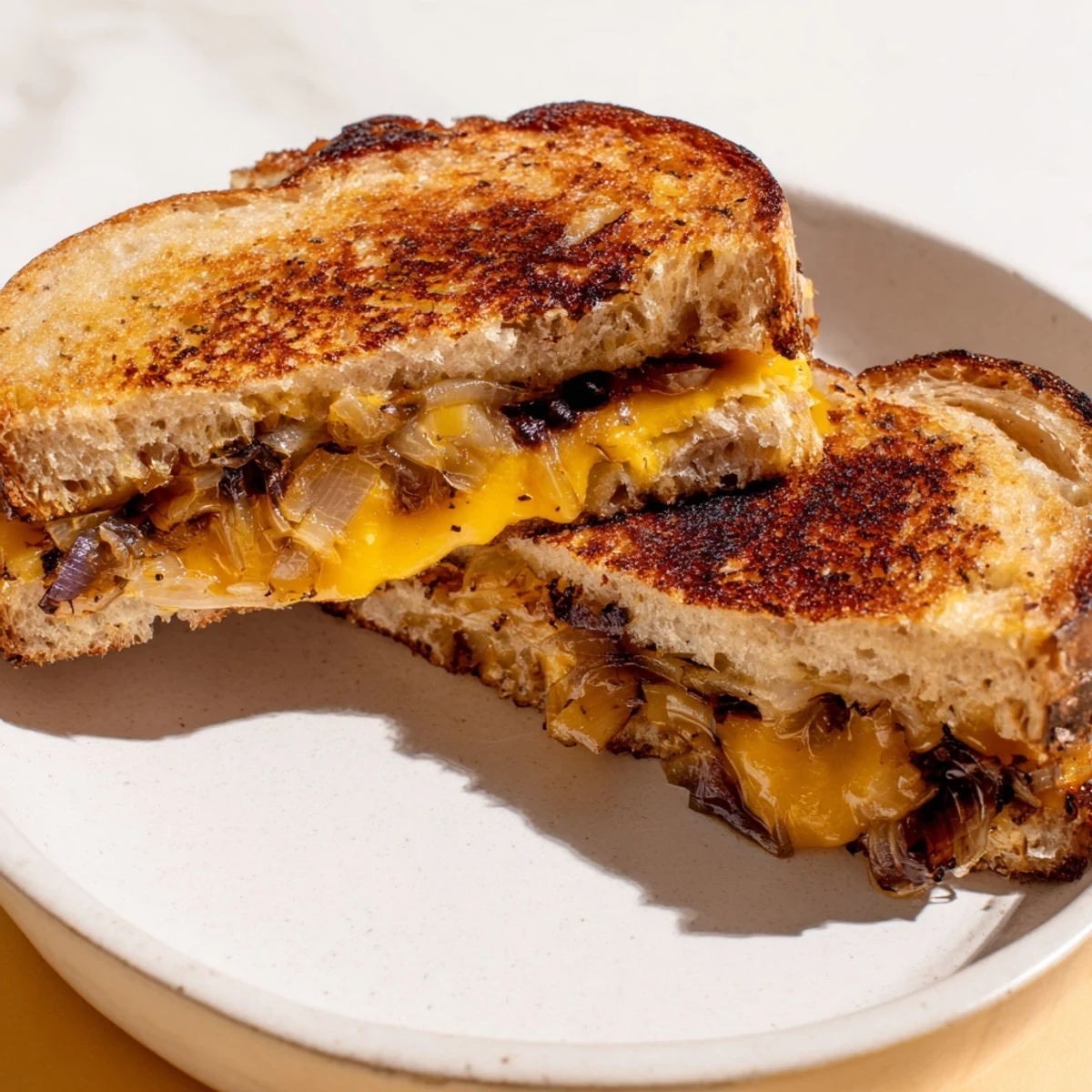 Mouthwatering close-up of a Caramelized Onion and Gruyère Grilled Cheese, ready to be sliced and enjoyed.