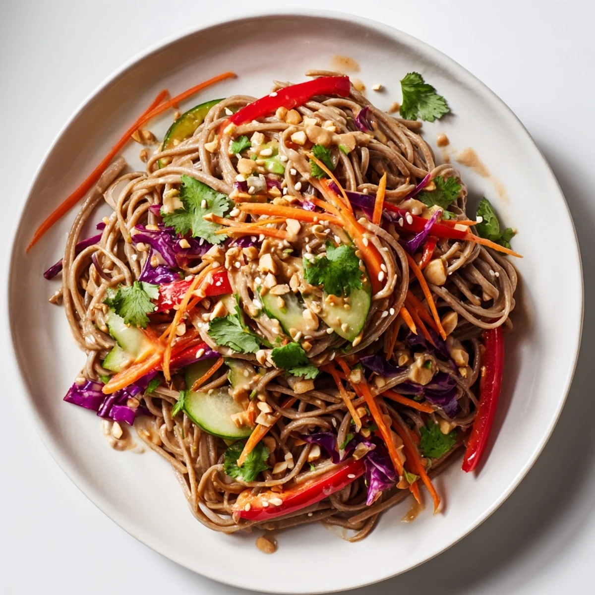 Chilled soba noodle salad tossed in a creamy peanut sauce, topped with sesame seeds and herbs.
