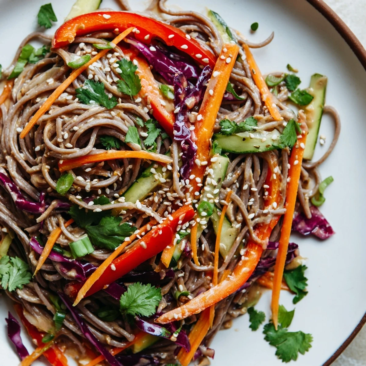 Freshly prepared soba noodle salad, a Japanese inspired dish with cooling and savory flavors.