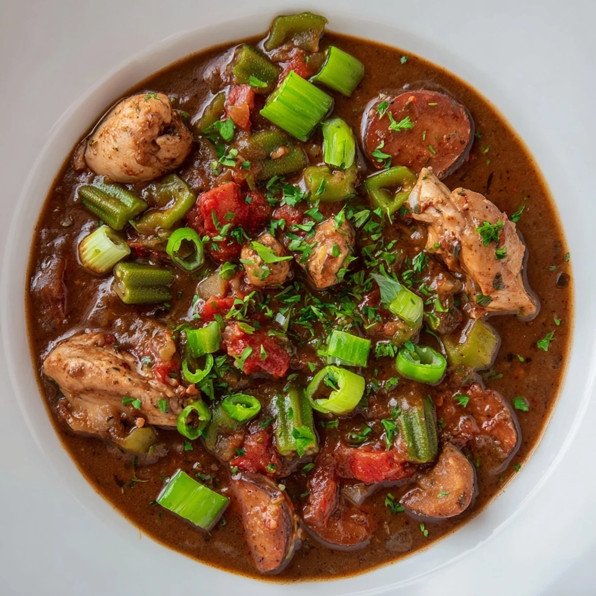 Steaming bowl of Gumbo Okra Soup with tender chicken and sausage; delicious Louisiana flavors.