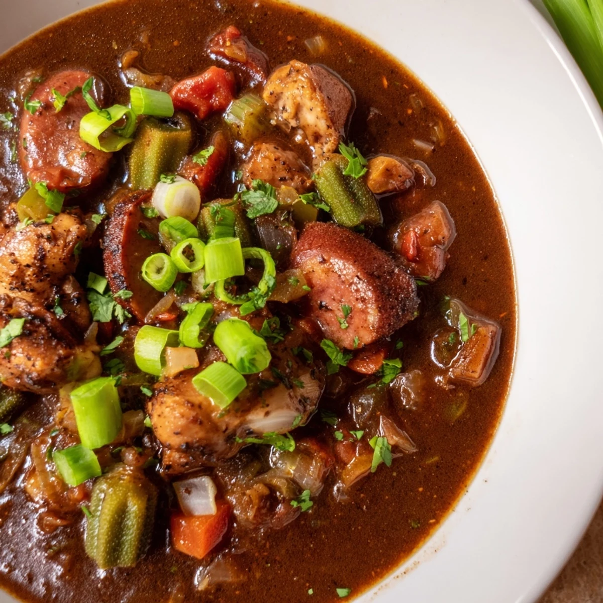 Close-up shot shows a savory Gumbo Okra Soup, ready to be served over fluffy white rice.