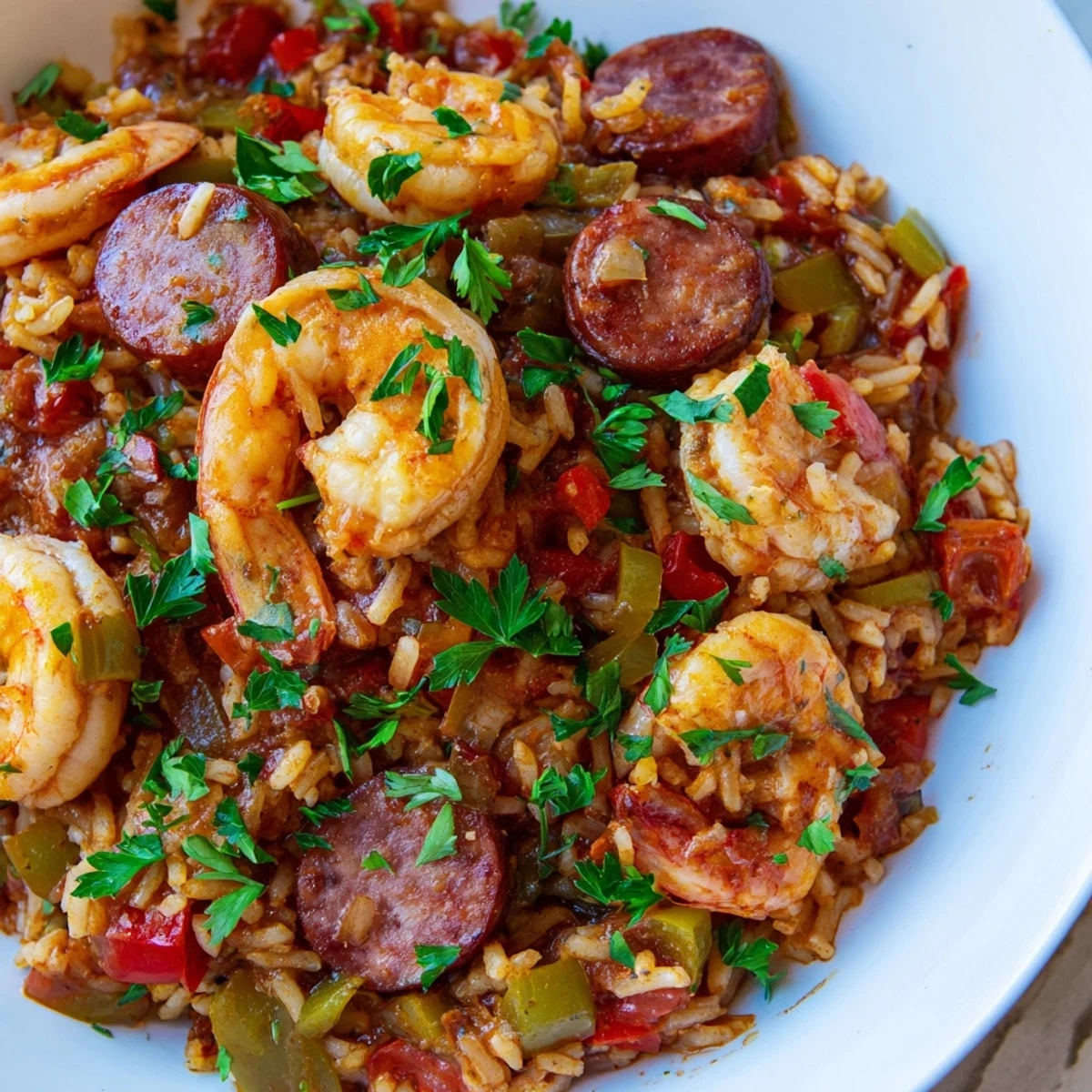 Steaming hot Jambalaya Skillet with shrimp and sausage, vibrant and ready to eat, garnished with parsley.