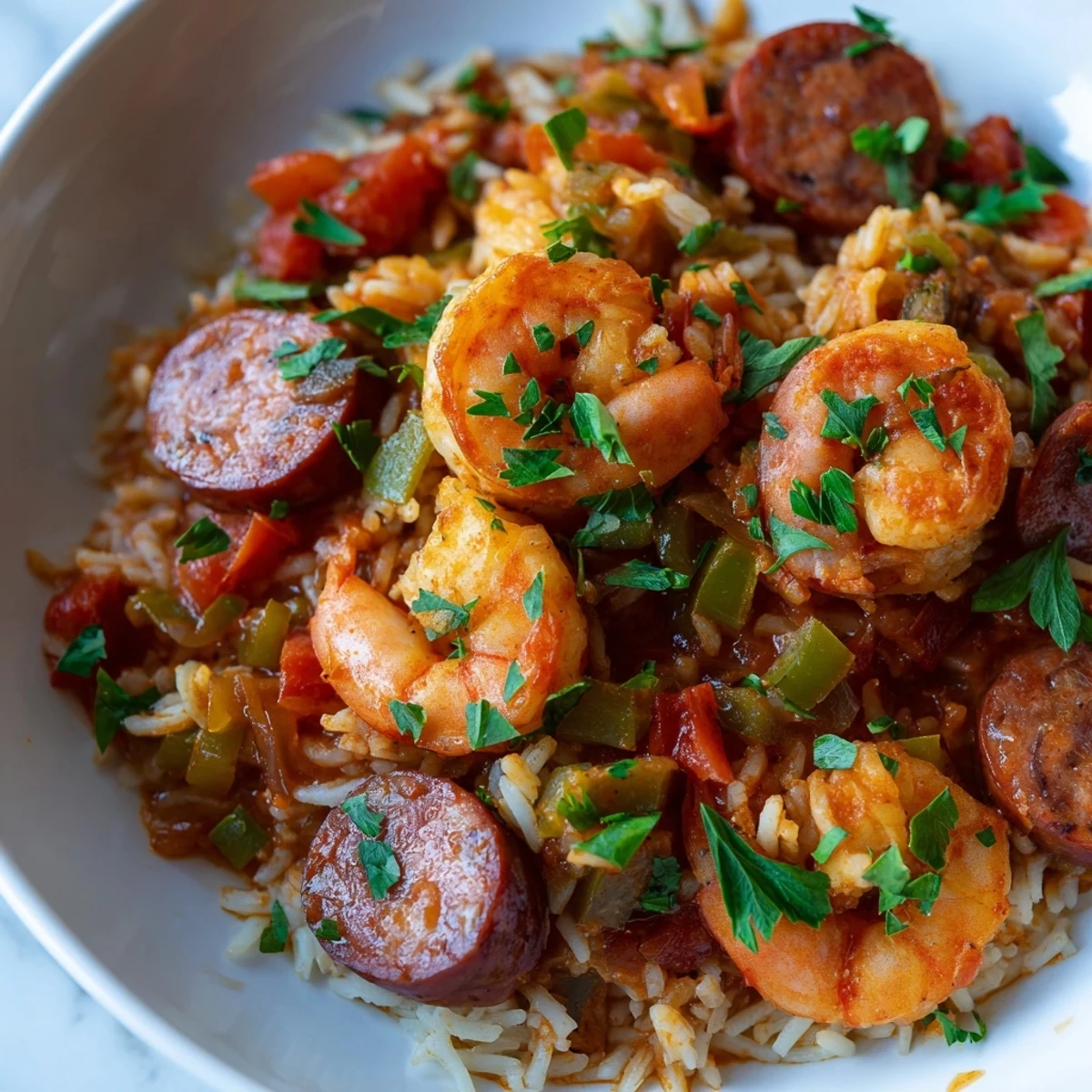 A close-up shot of a savory Jambalaya Skillet brimming with rice, andouille, peppers, and tender shrimp.