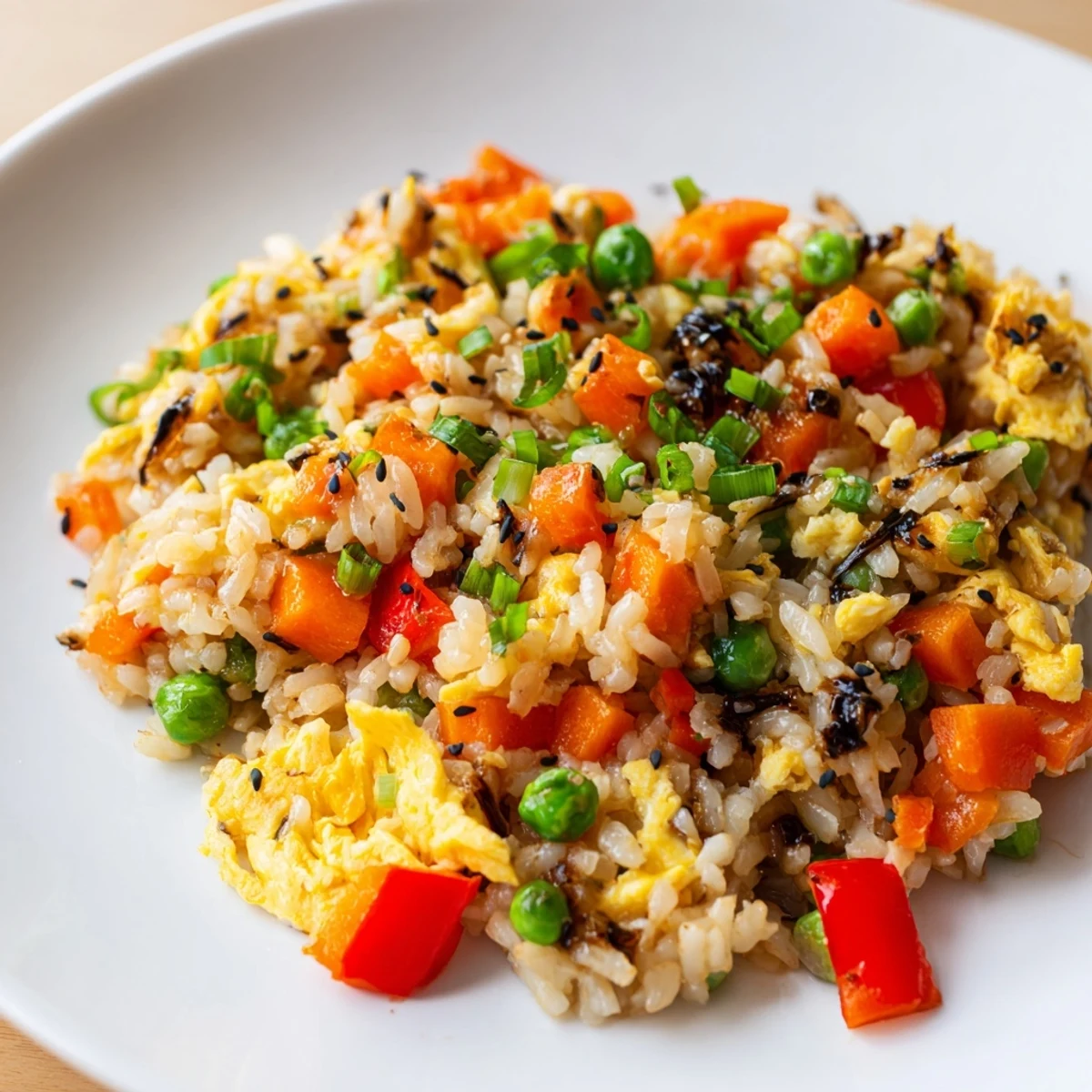 Fluffy egg fried rice with colorful vegetables, a quick and delicious weeknight dinner.