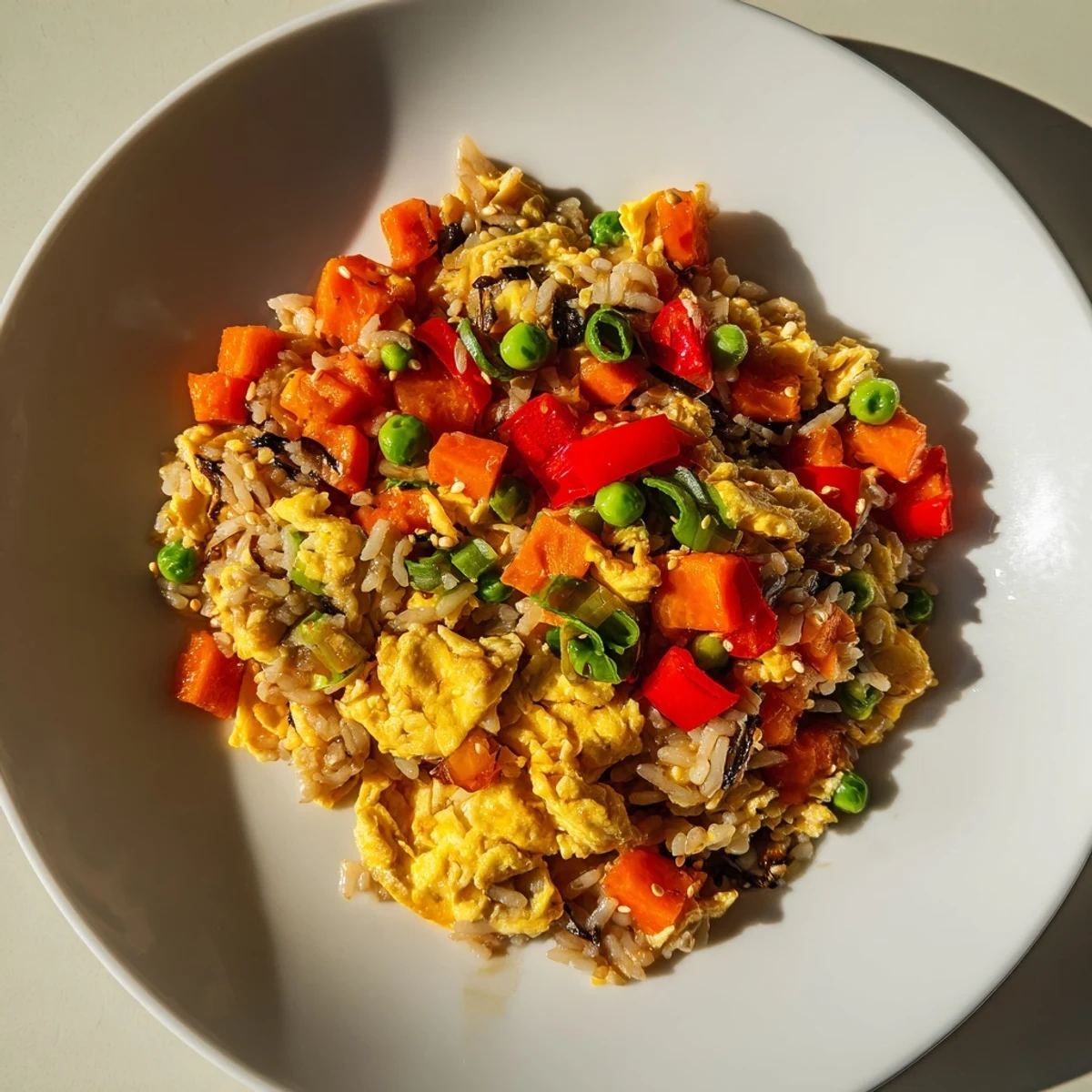 A steaming bowl of egg fried rice, savory soy sauce coating every grain of rice.