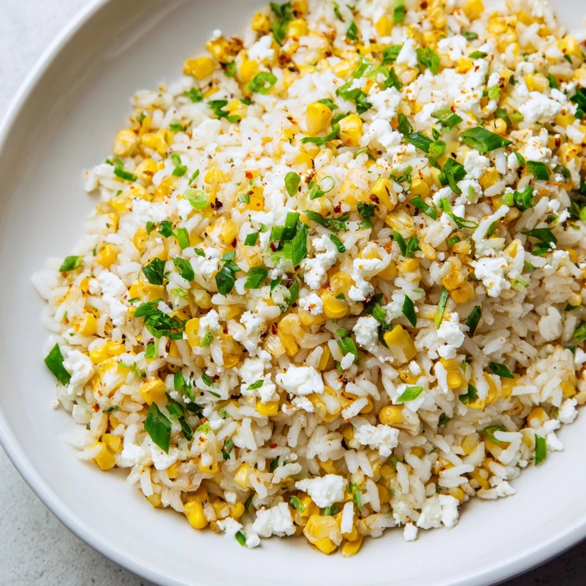 Fluffy Mexican Street Corn Rice, pictured close-up, is tossed with creamy cheese and fresh cilantro.