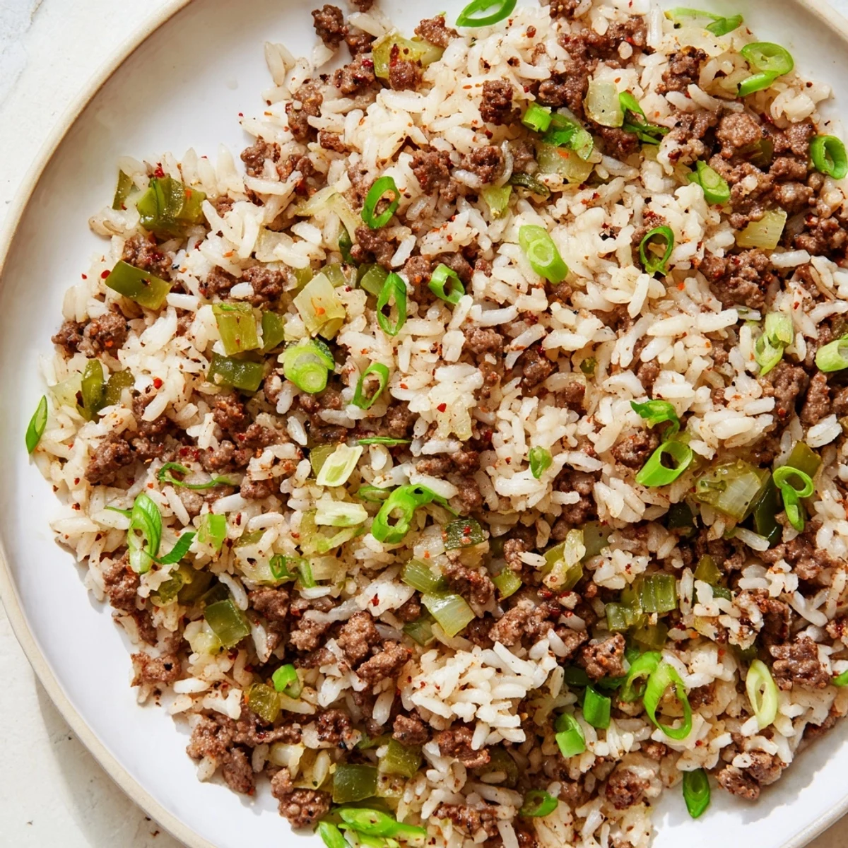 Savory Cajun Dirty Rice, a hearty Southern dish, served steaming with vibrant green onions.