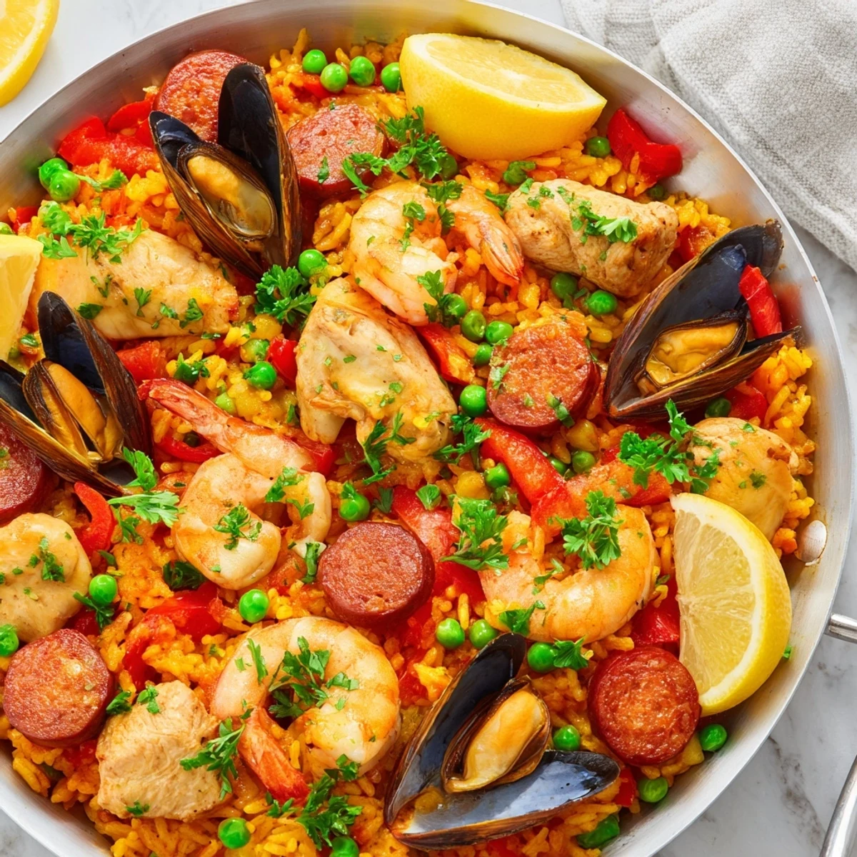 Golden rice and savory seafood mingle in this delicious Paella Spanish Rice, perfect for sharing.