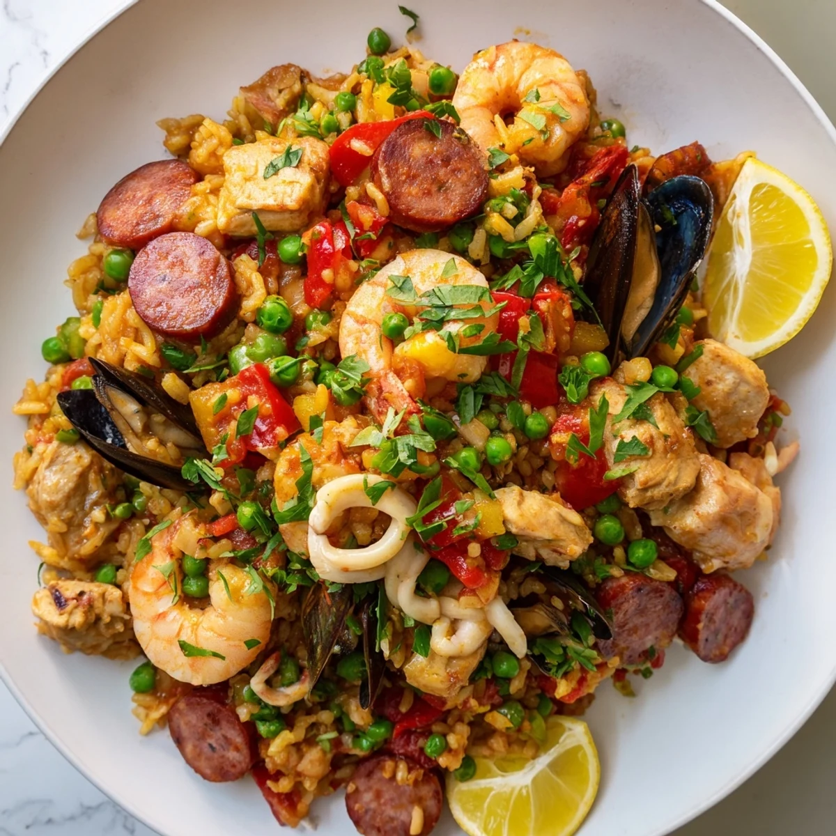 Saffron-infused Paella Spanish Rice, a colorful dish with seafood, chicken, and vegetables, steaming hot.