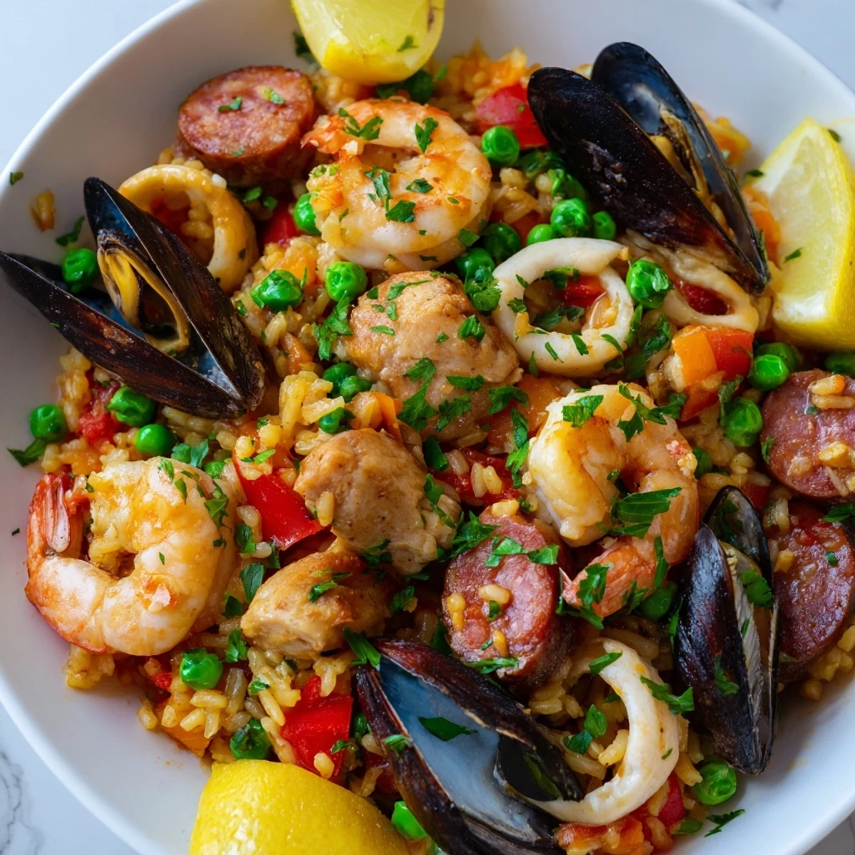 This close-up shot of Paella Spanish Rice shows a pan filled with vibrant, savory ingredients and seafood.
