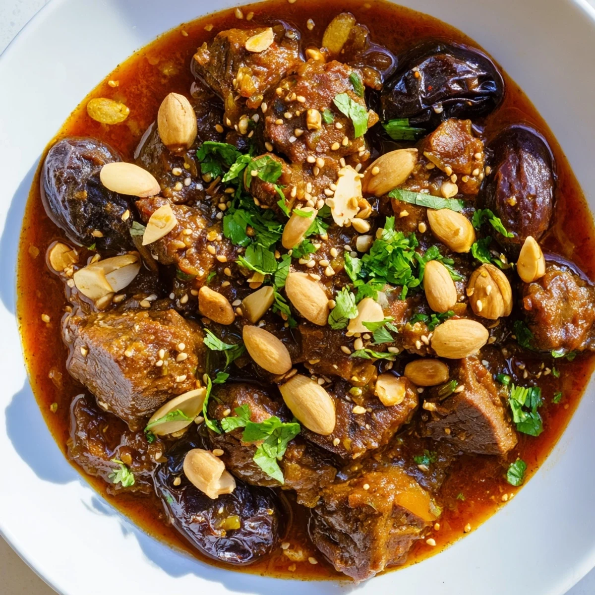 Enjoy the inviting aroma of this Moroccan Lamb Tagine, featuring prunes, savory spices, and almonds.