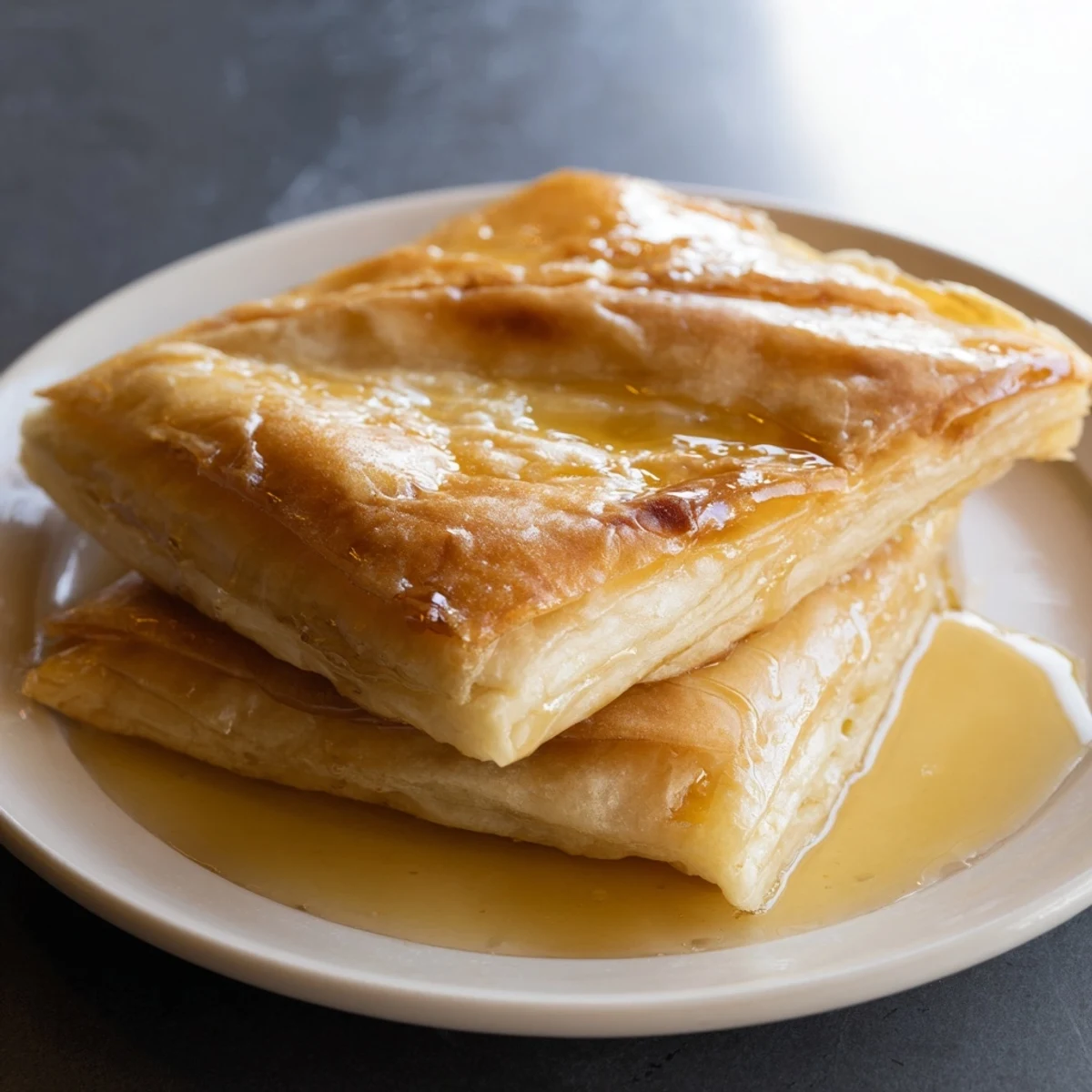 Flaky Moroccan Msemen pastry, golden brown and drizzled with warm honey, ready to enjoy.