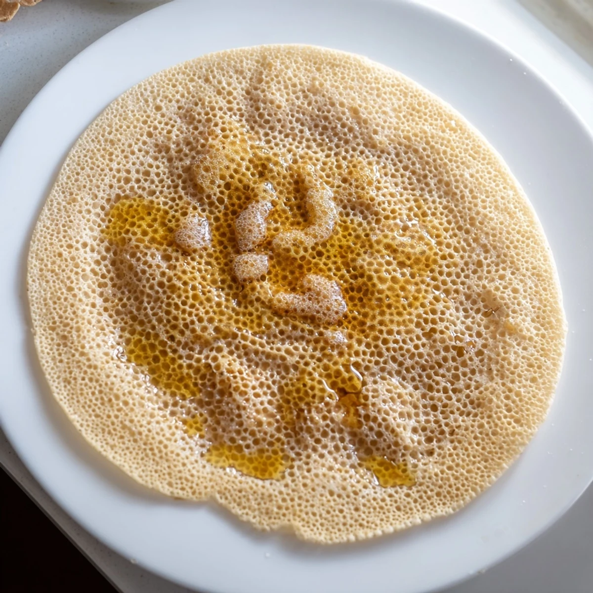 Homemade Moroccan Baghrir, a light and airy pancake, served warm with melted butter, simply delicious.