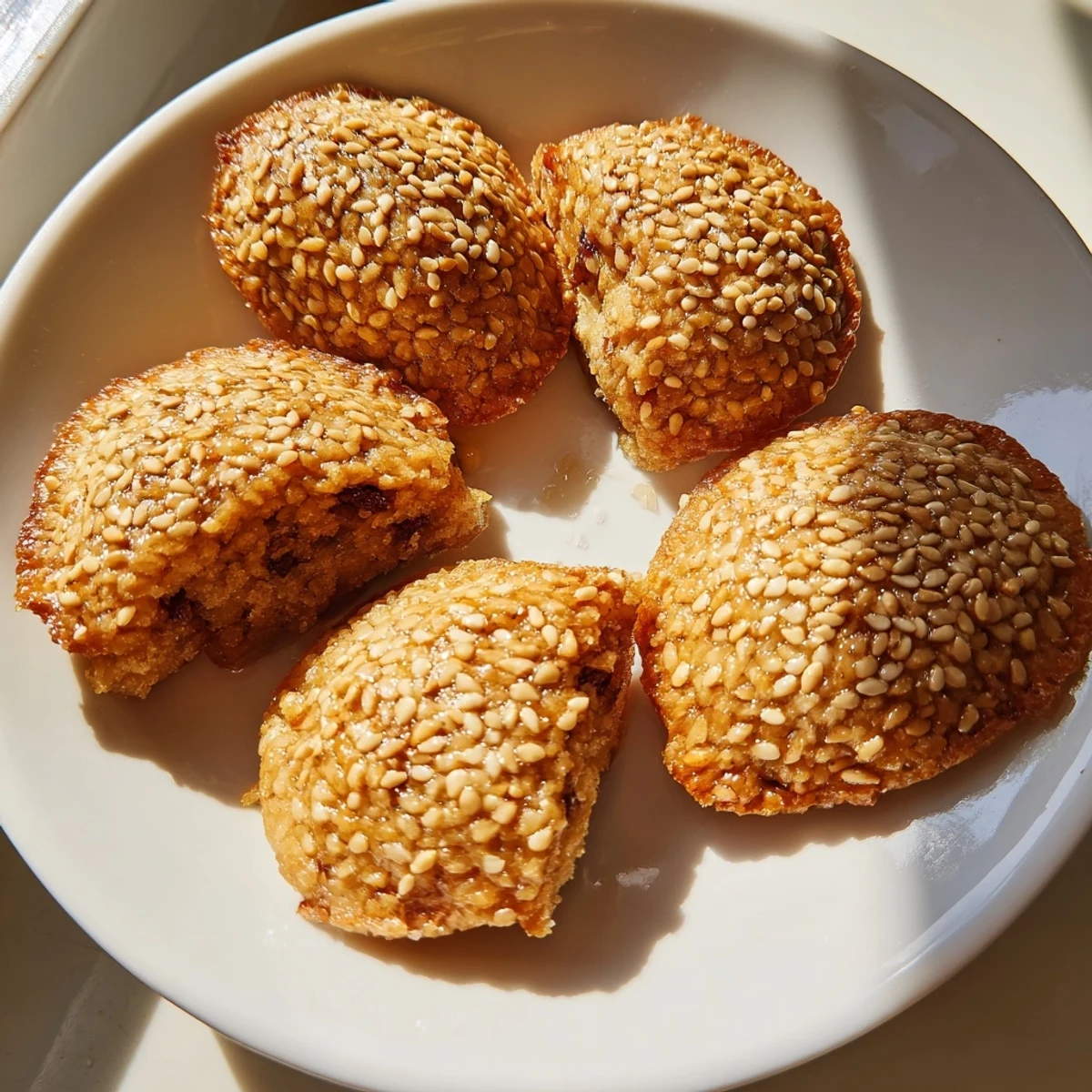 Close-up of golden Tunisian Makroudh cookies, showing their crisp crust and date filling.
