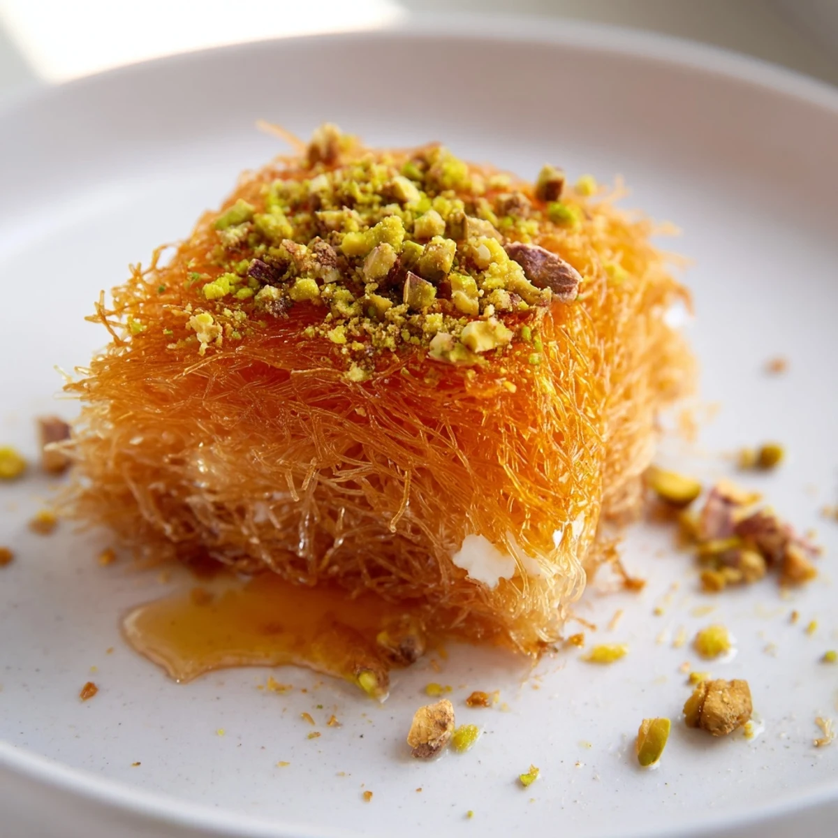 Golden-brown Lebanese Knafeh, a dessert with cheese, phyllo, and dripping orange blossom syrup.