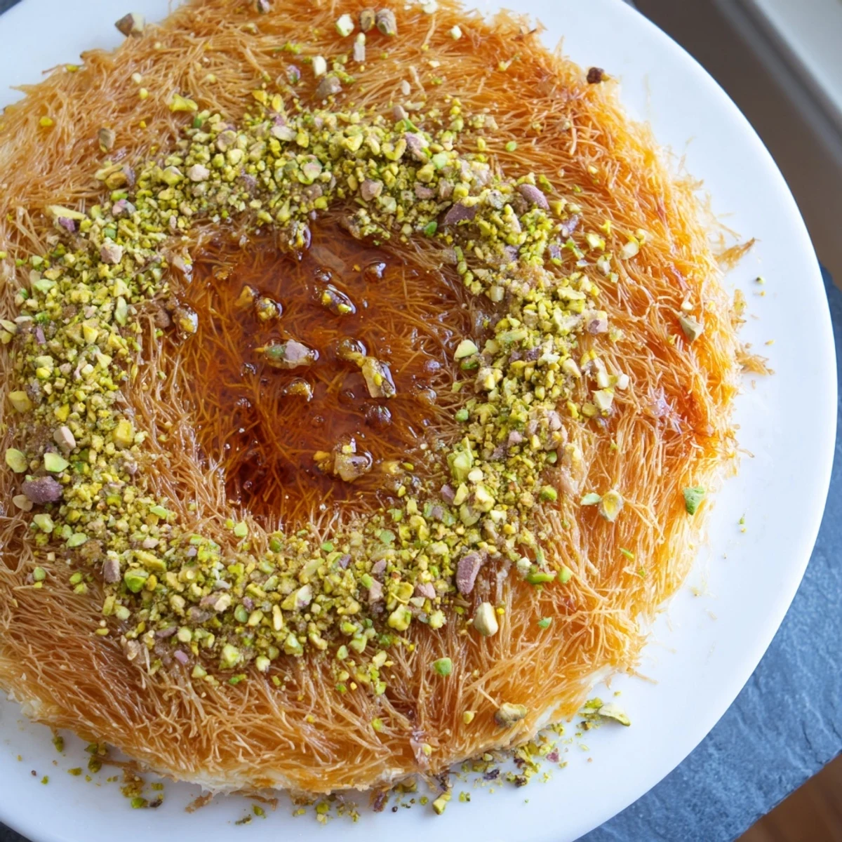 A close-up view of the delicious Lebanese Knafeh, garnished with pistachios and honey.