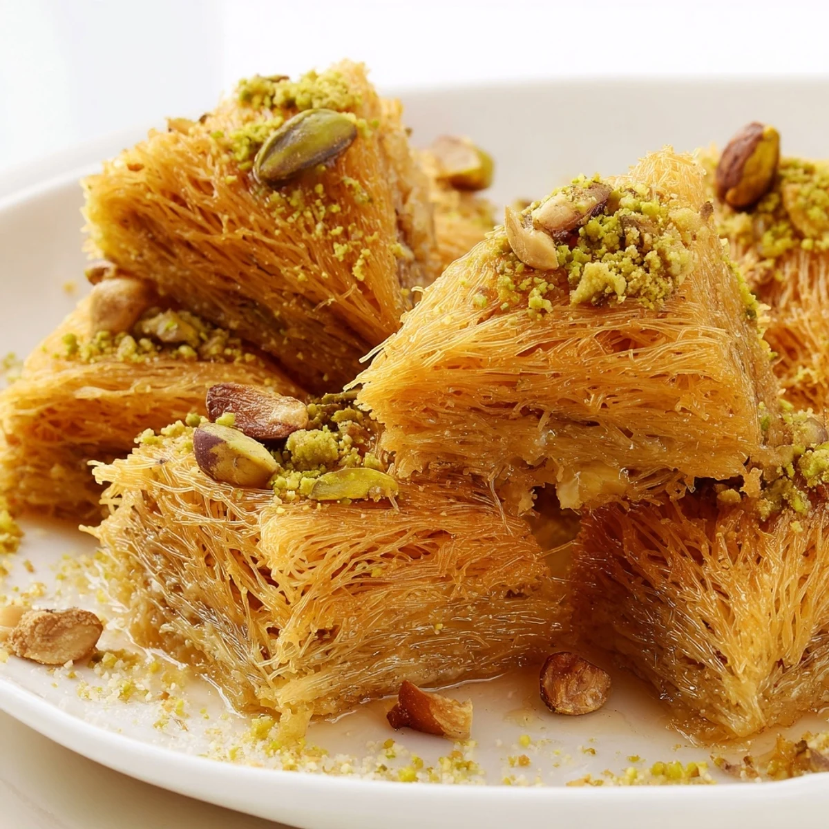 Golden brown Egyptian Konafa dessert, a flaky pastry with nuts, drenched in sweet honey syrup.