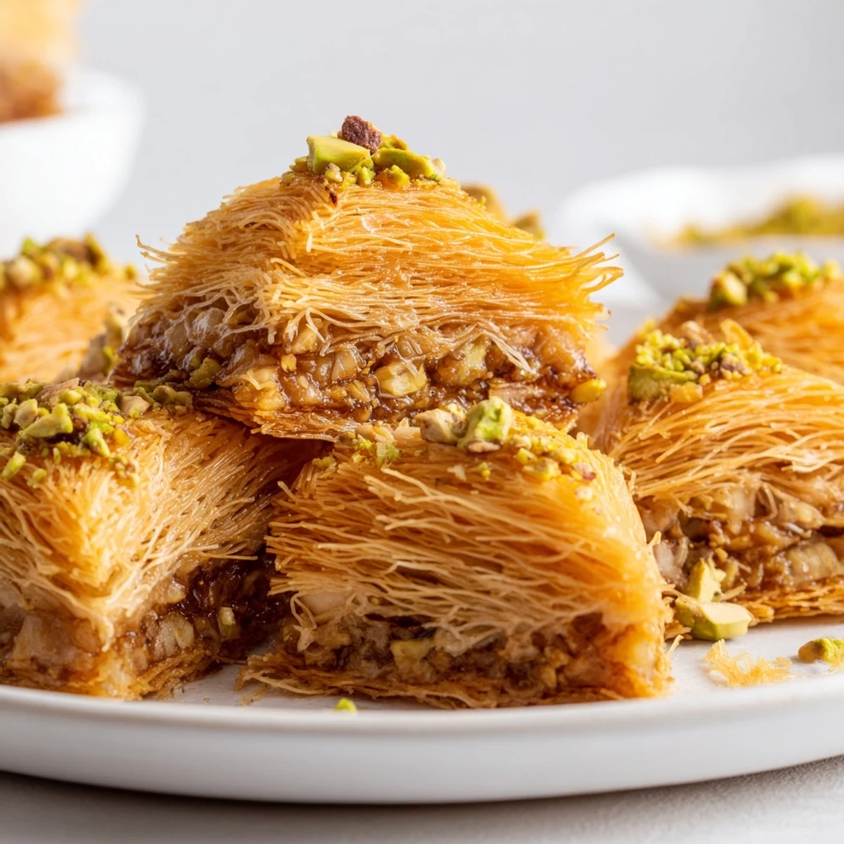 Close-up of baked Egyptian Konafa, showcasing layers of crispy kataifi and a rich nut filling.