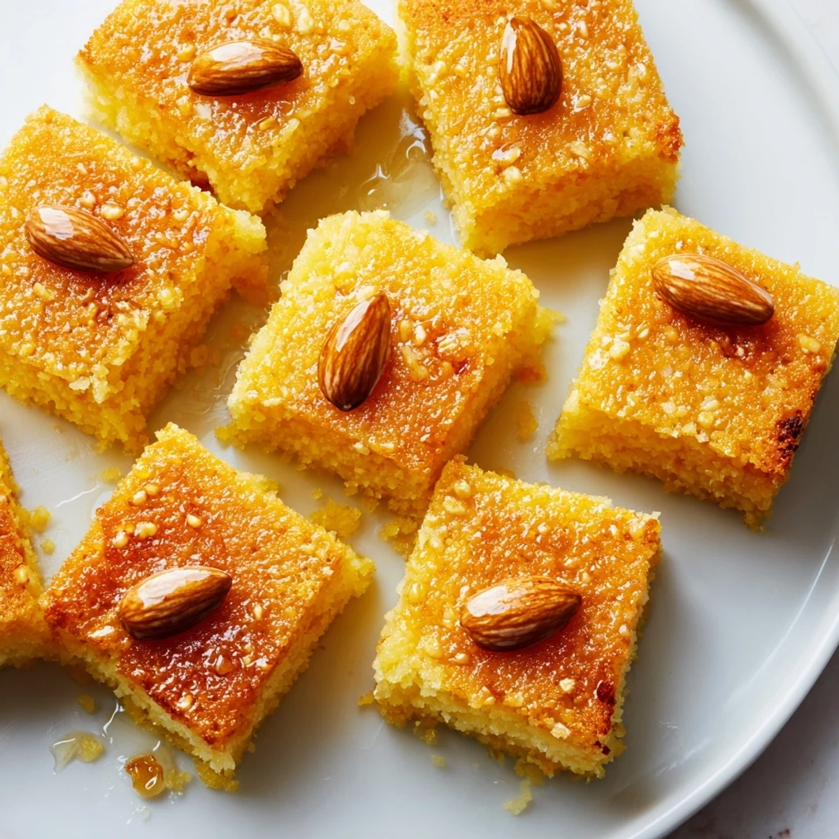 A close-up of the moist, sweet Basbousa, a traditional Egyptian coconut semolina cake dessert.