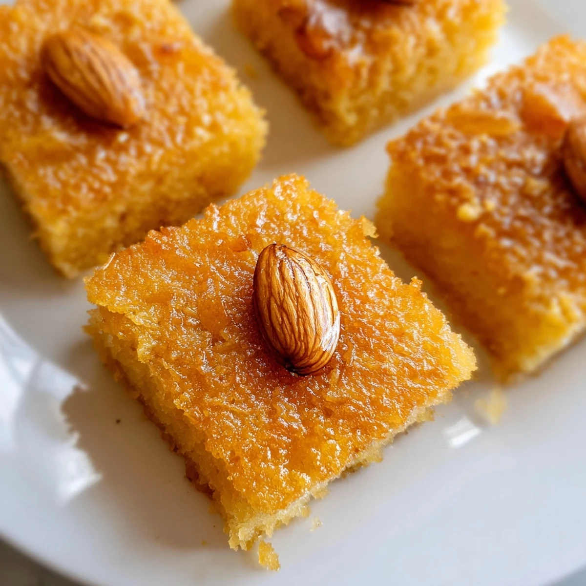 Delicious and fragrant Basbousa, a classic Egyptian cake, perfectly soaked and ready to serve for dessert.