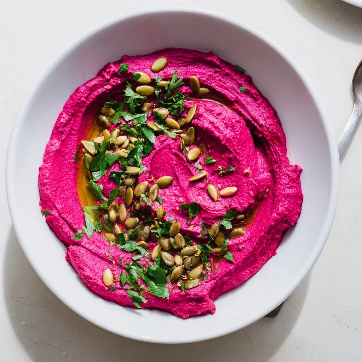 Vibrant beet hummus in a rustic bowl, garnished with olive oil and toasted pumpkin seeds.