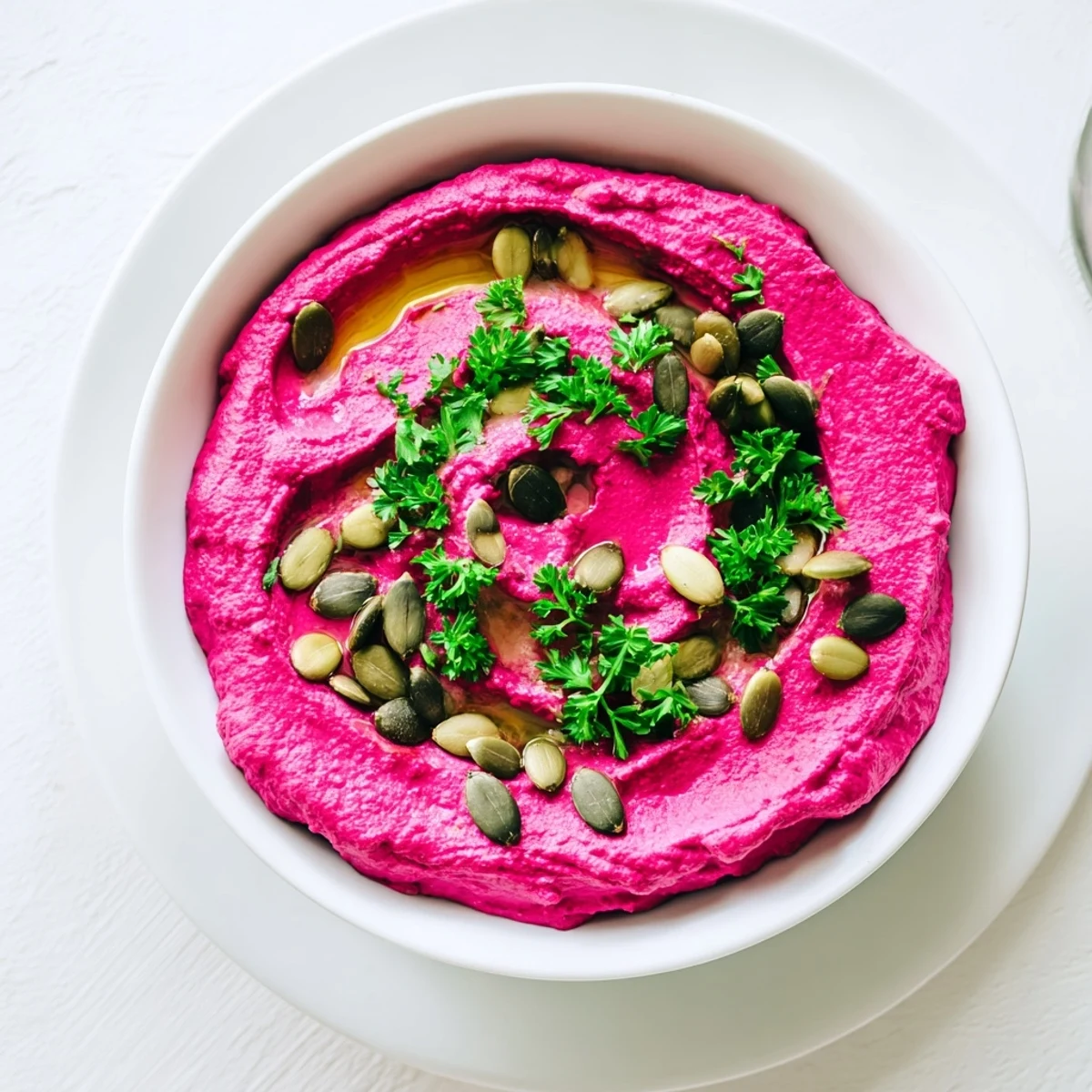 Creamy pink beet hummus dip served with fresh pita and crunchy vegetable crudités.