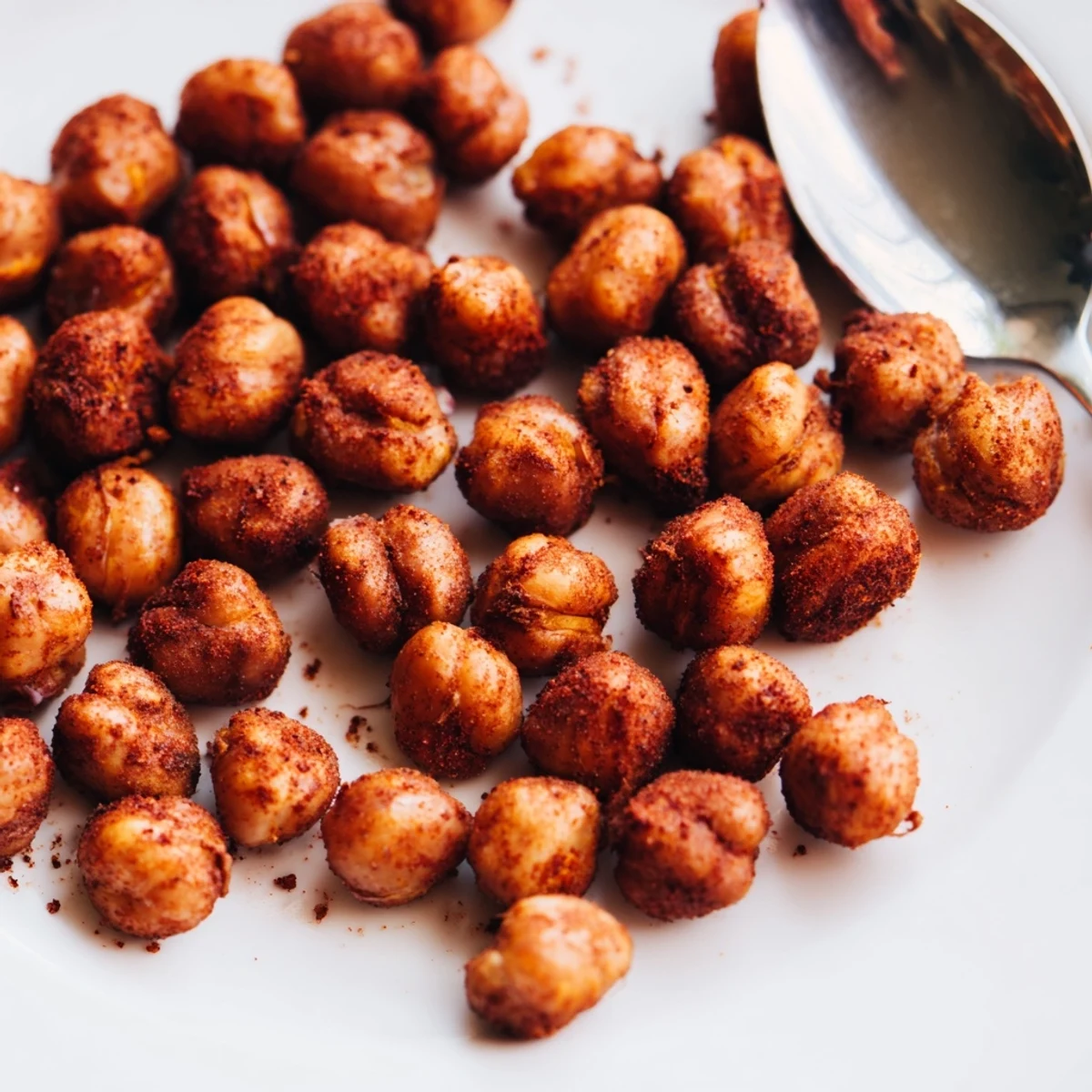 Golden, oven-roasted Crispy Chickpea Snack tossed in smoked paprika and cumin, perfect for snacking or topping salads.  