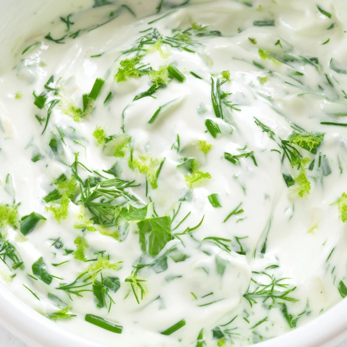 Serving suggestion for Greek Yogurt Herb Dip in a white bowl, garnished with lemon zest and a mint sprig.