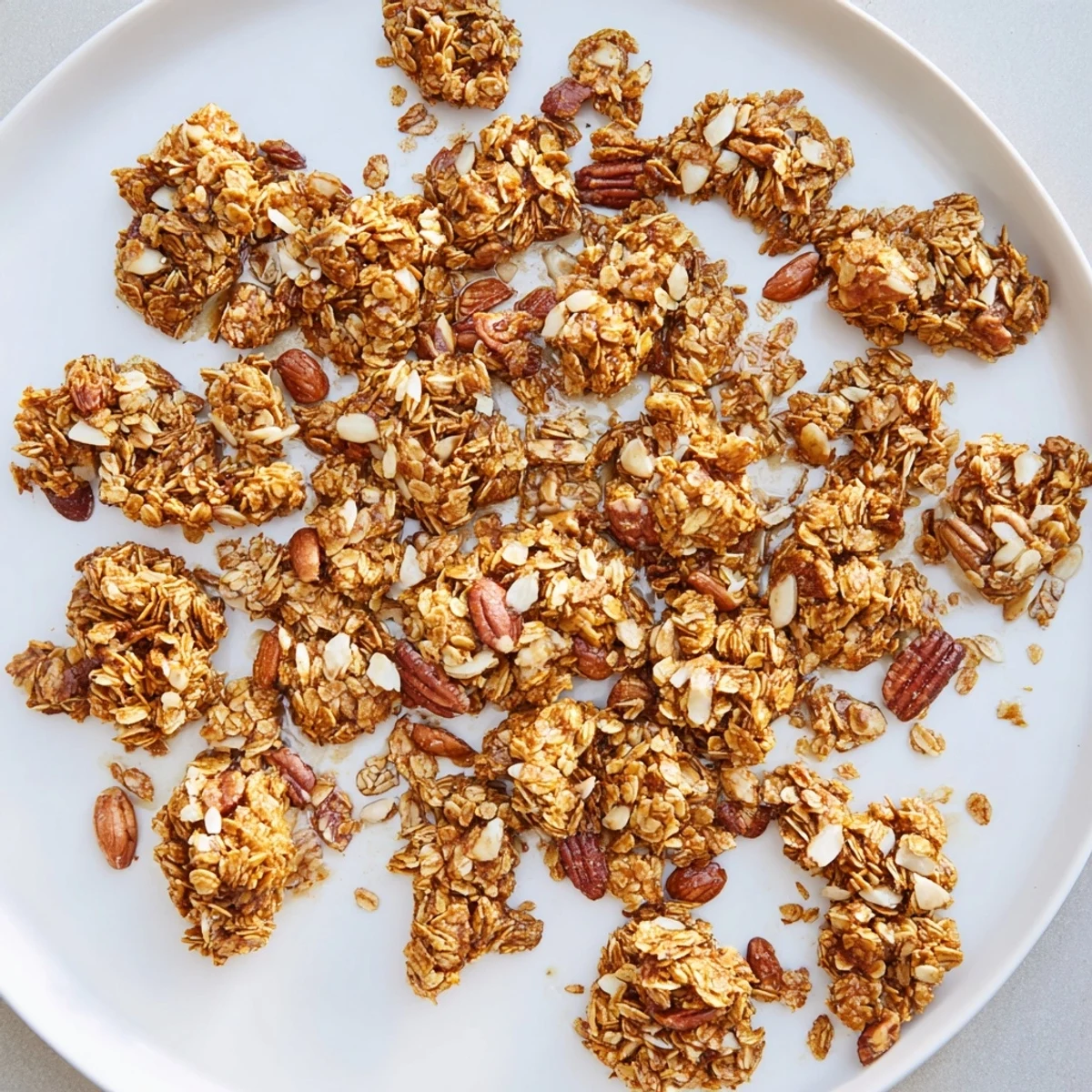 Golden-baked homemade granola clusters with oats, nuts, and honey on a white ceramic bowl, ready for breakfast or yogurt topping.  