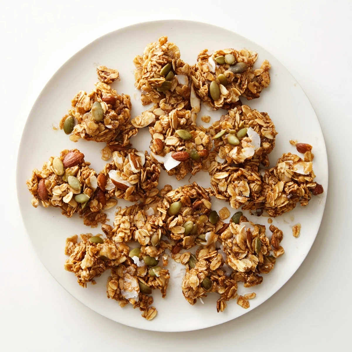 Freshly baked granola clusters mixed with almonds, pecans, walnuts, and seeds, glistening with honey for a crunchy snack.  