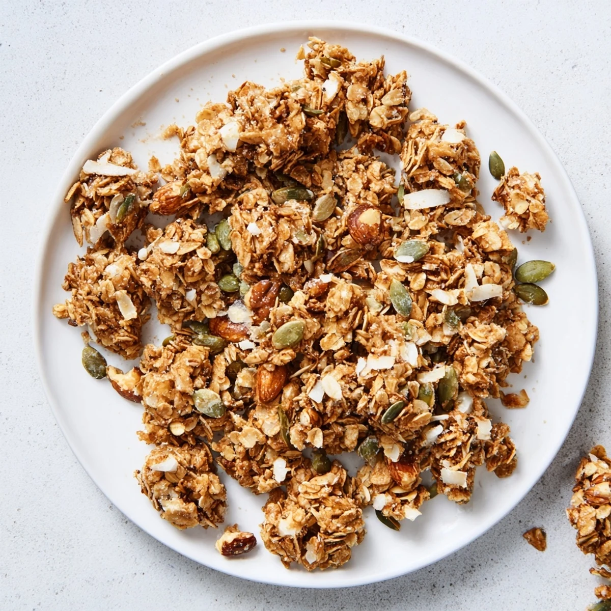 A bowl of homemade granola clusters made with rolled oats, nuts, and honey, served with milk and fresh berries.