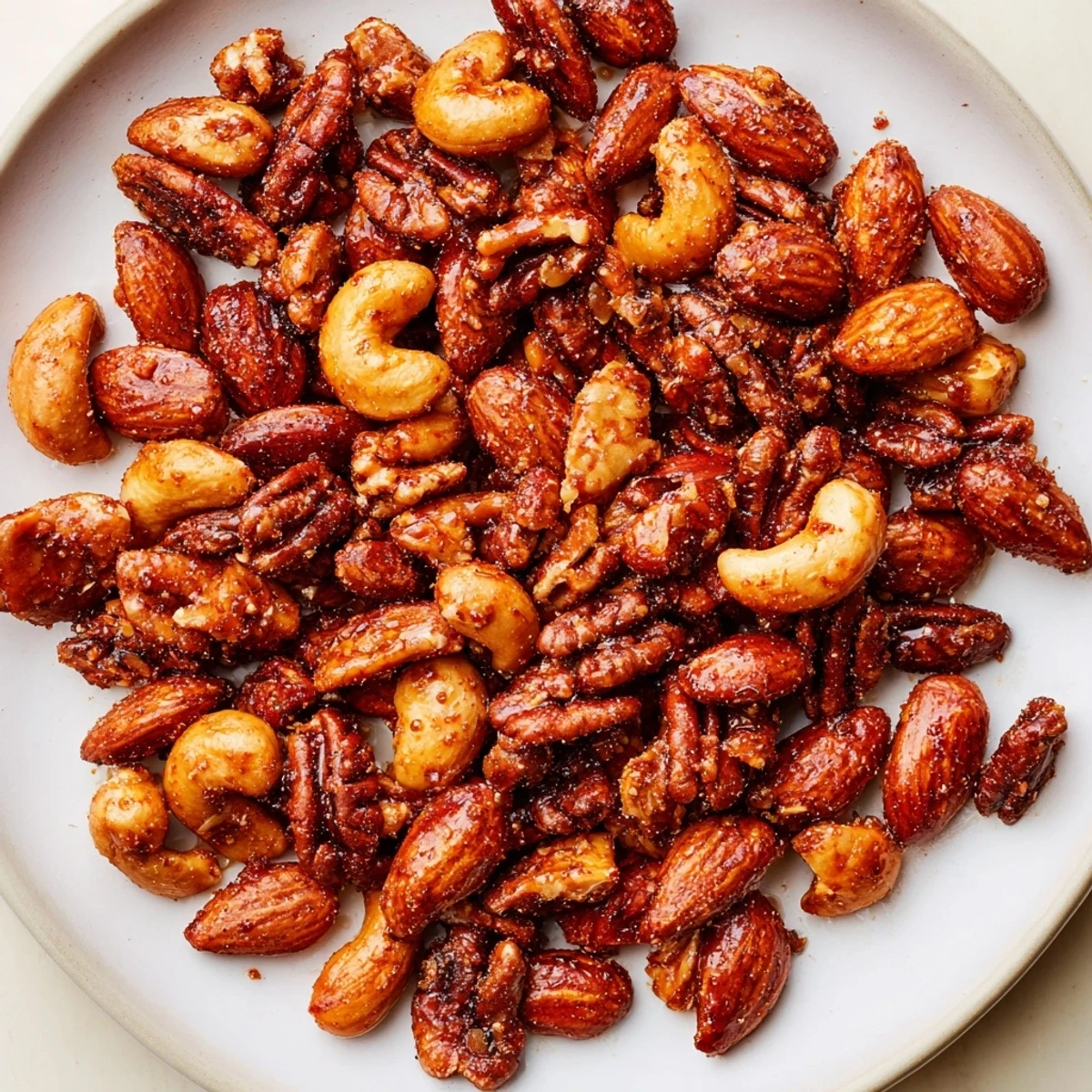 Close-up of aromatic Spiced Nuts Mix on a parchment-lined tray, fresh from the oven and glistening.  